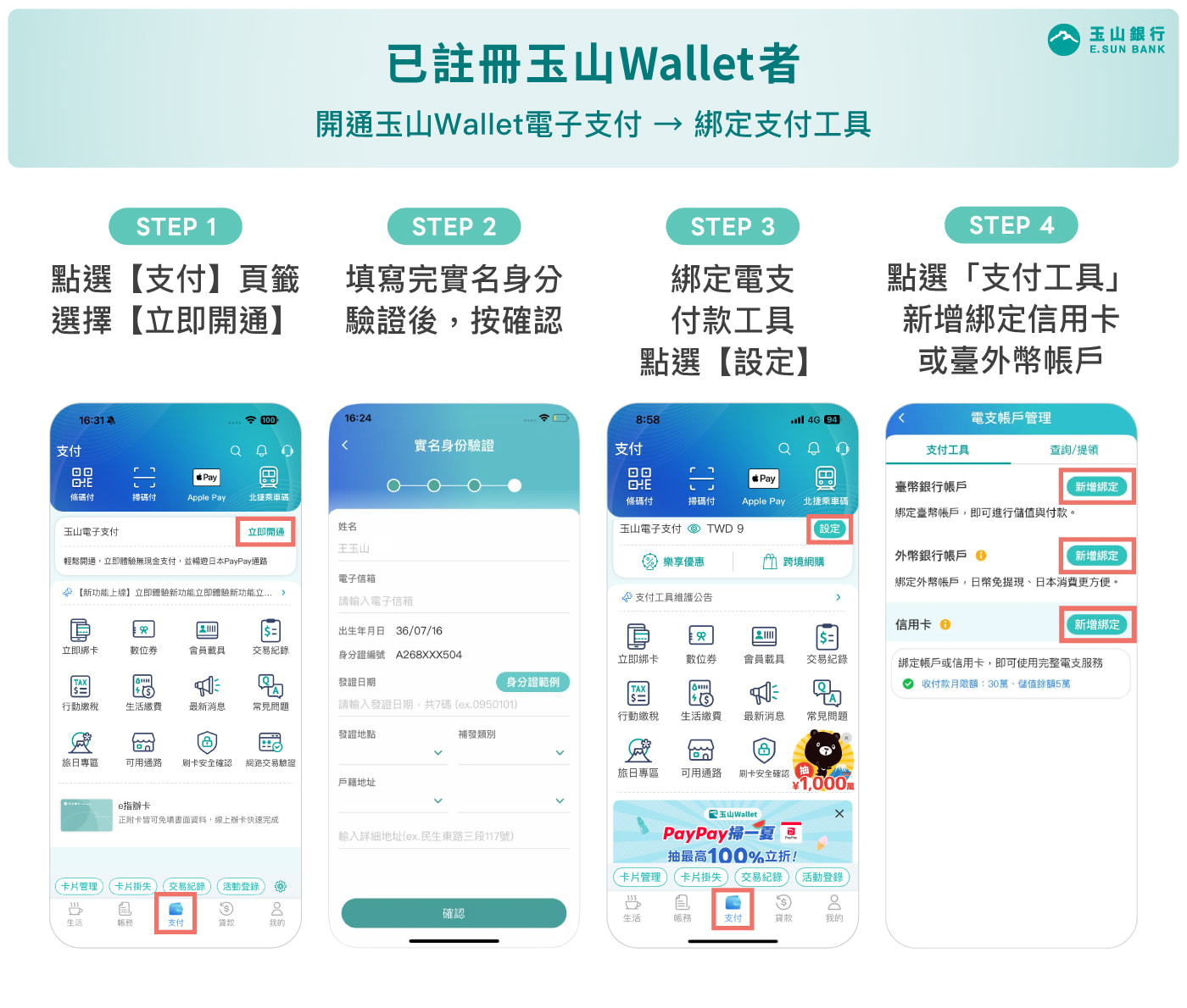 玉山 Wallet 電子支付開通流程圖(已註冊者)