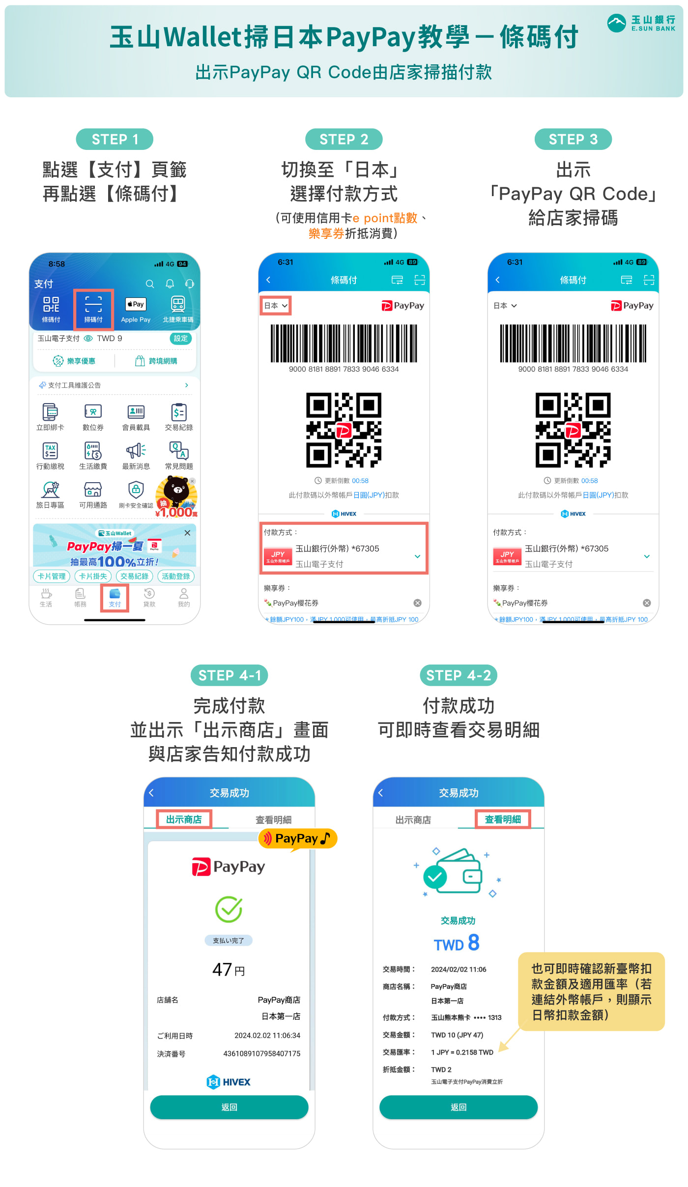 玉山 Wallet掃日本PayPay條碼付流程圖